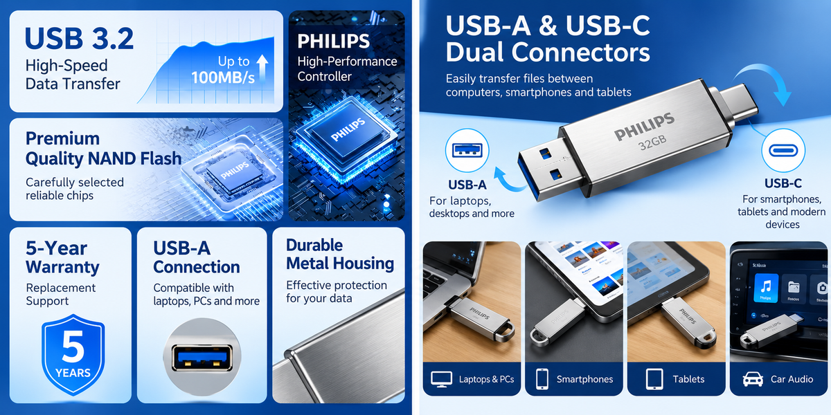 Philips USB 3.2 Flash Drive USB A & Type C Dual OTG Custom Laser Engraving