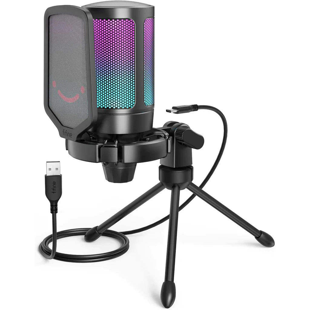 A6V-Black FIFINE AMPLIGAME USB MICROPHONE WITH VOLUME DIAL, MUTE BUTTON & RGB FOR STREAMING ON PC/LAPTOP/PS4/5