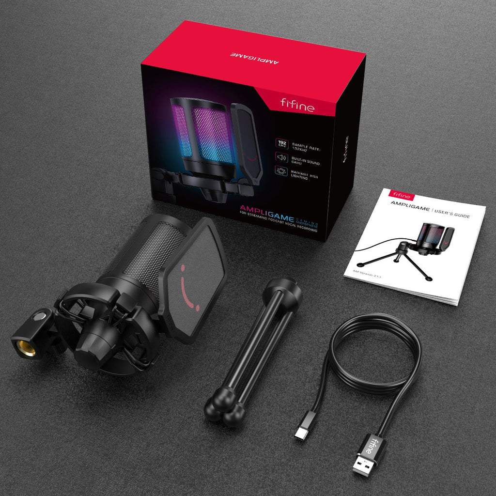 A6V-Black FIFINE AMPLIGAME USB MICROPHONE WITH VOLUME DIAL, MUTE BUTTON & RGB FOR STREAMING ON PC/LAPTOP/PS4/5