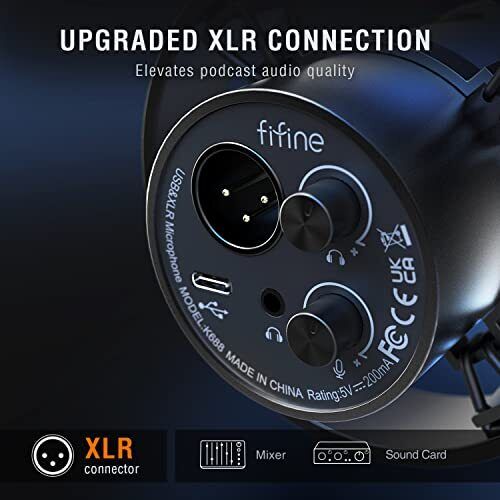 FIFINE K688 USB/XLR DYNAMIC MICROPHONE WITH SHOCK MOUNT, TOUCH-MUTE BUTTON, HEADPHONE JACK, I/O CONTROLS