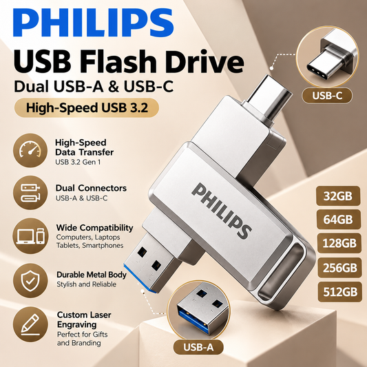 Philips USB 3.2 Flash Drive USB A & Type C Dual OTG Custom Laser Engraving